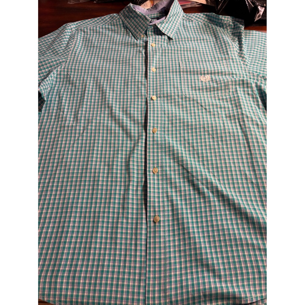 Chaps Mens XXL Short Sleeve Button Down Shirt Green Blue Plaid Easy Care Logo
